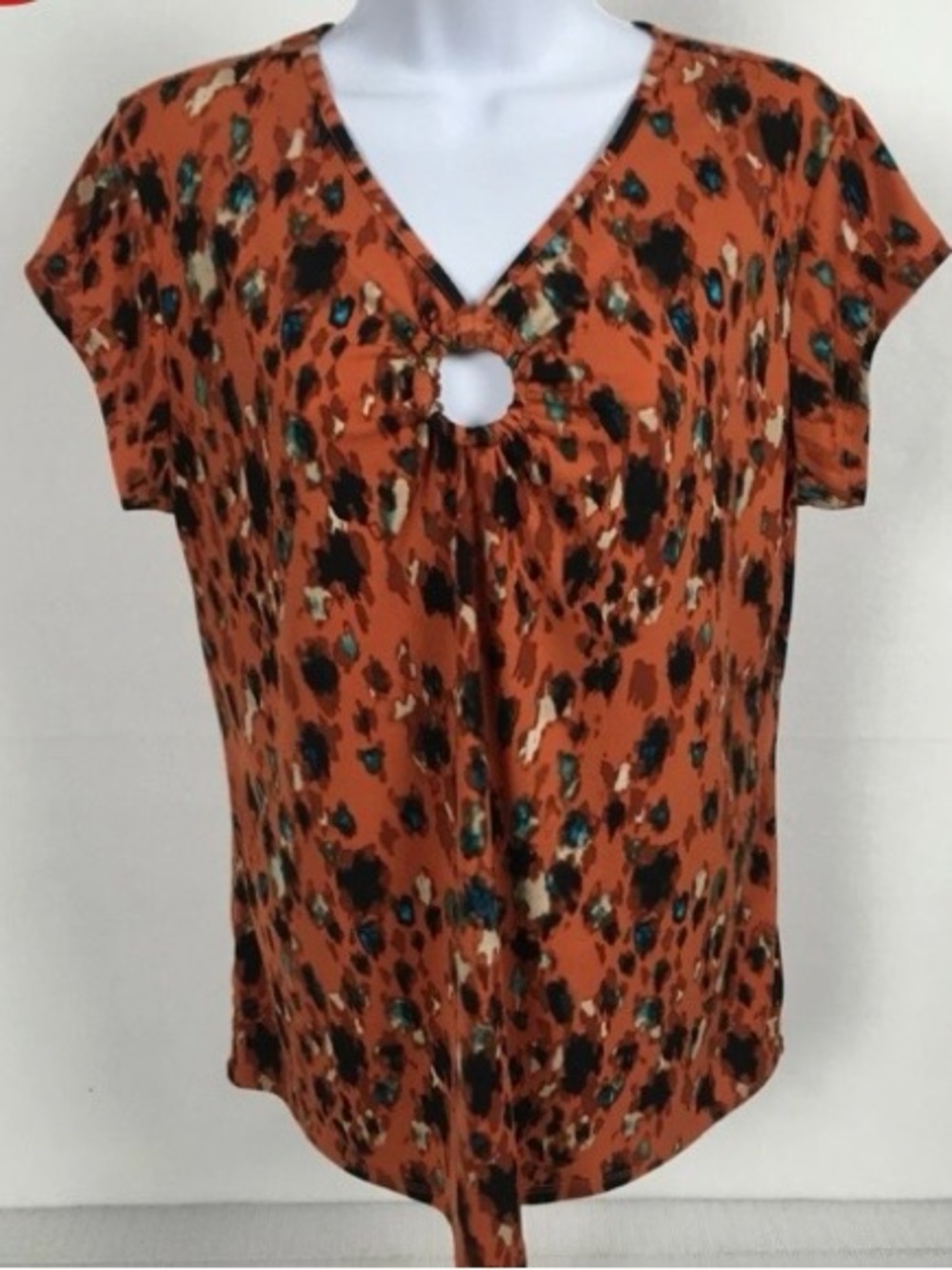 Cato-Women's Rust Animal-Print Keyhole V-Neck Top